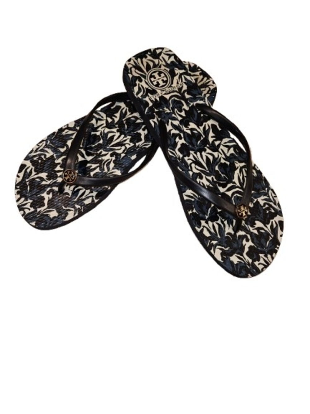 Tory Burch Navy Floral Flip Flop Sandals Gold Logo Thong Slides Size Unmarked